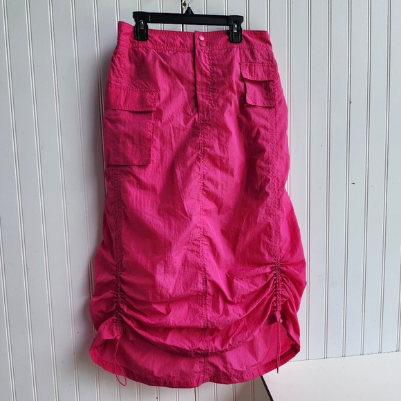 Rare NO COMMENT Women's Hot Pink SKIRT Rutched Sides Midi Skirt Sports Sz L - Picture 1 of 12